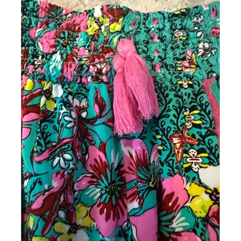 Jojoan Sleepwear Teal Floral Print Tassel Trim Smocked Waist Shorts‎
